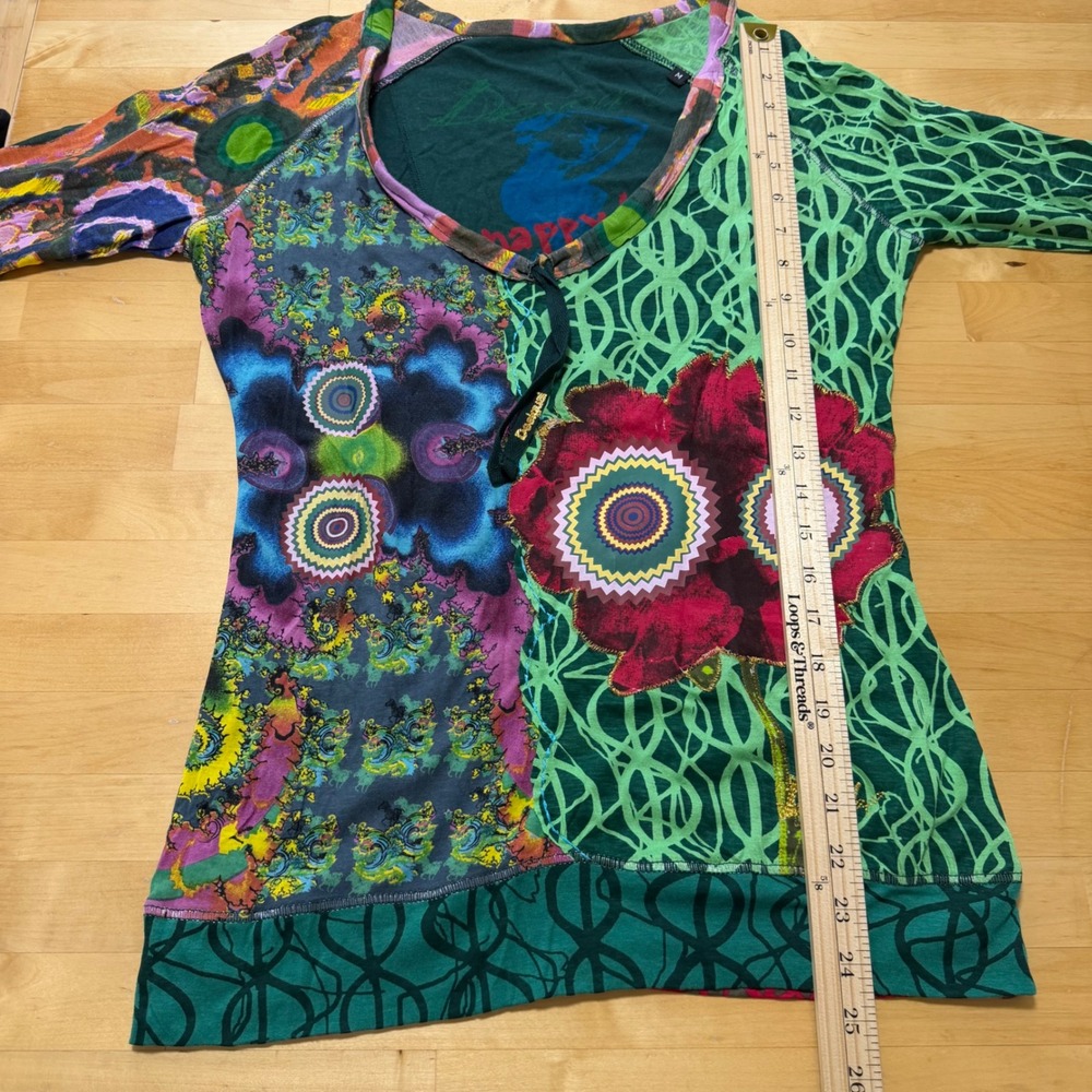 Desigual Patchwork Graphic Long Sleeve Top Green Multi Womens Medium Boho Shirt - Picture 12 of 13